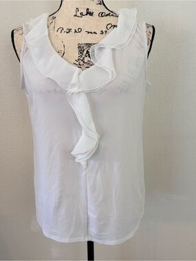 Women's White Ruffle Neck Sleeveless Top
